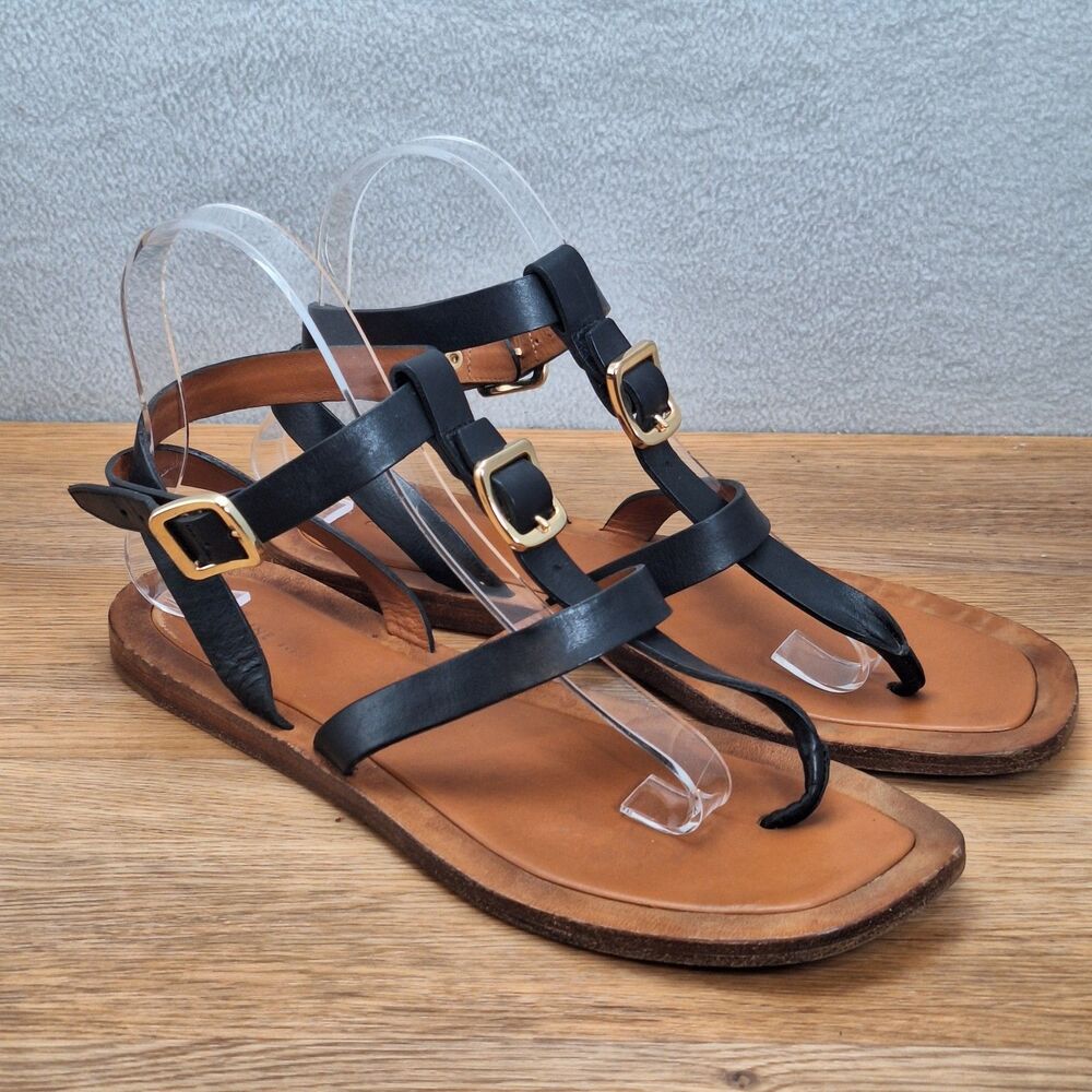 Celine Phoebe Philo T-Strap Flat Sandals Women's 39.5 Black Leather Minimalist